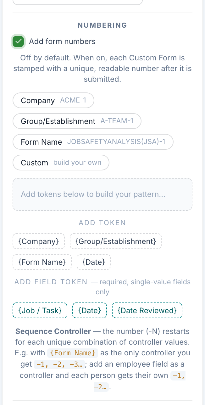 Form settings panel, Numbering section, with Add form numbers checked