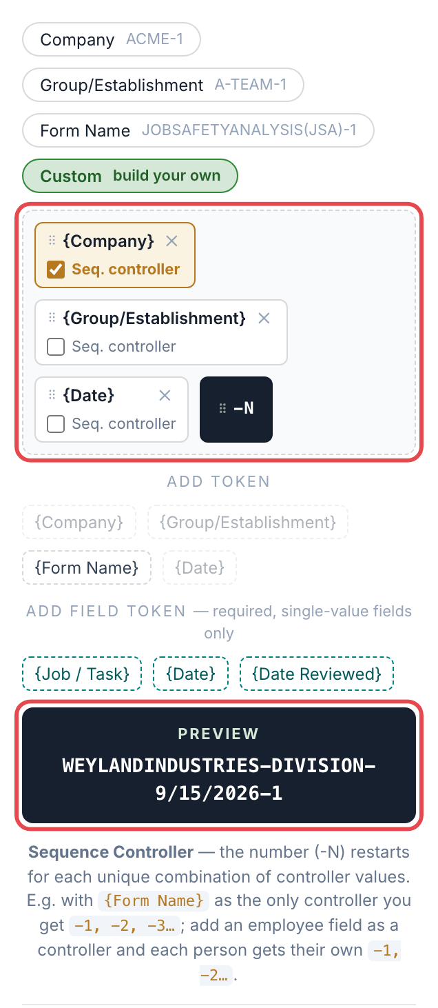 Pattern with Company, Group and Date tokens, the -N counter, and the Preview line