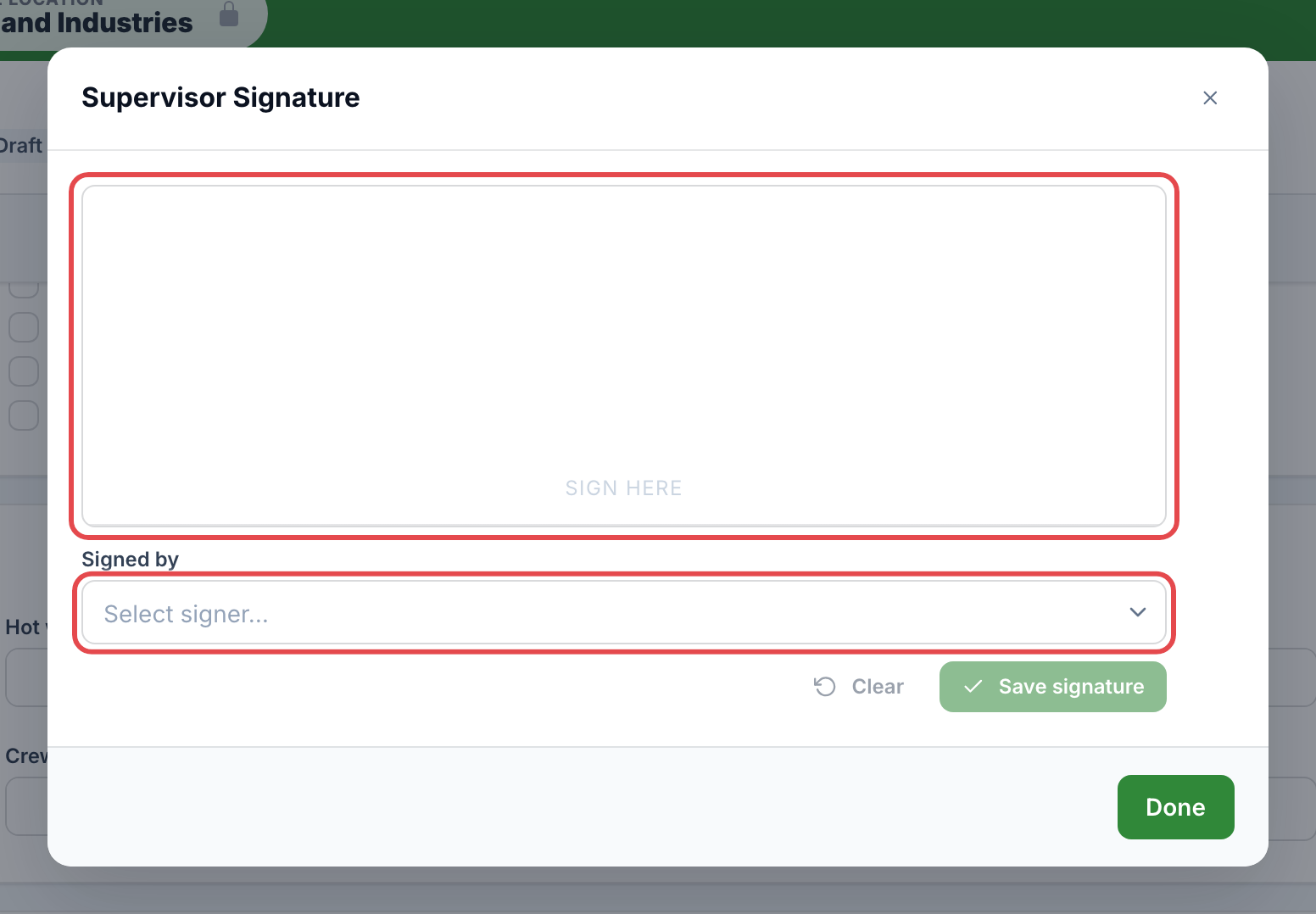 Signature window with the empty Sign here pad and the Signed by picker highlighted