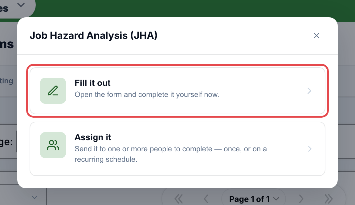 Choice window after picking a template: Fill it out (highlighted) or Assign it