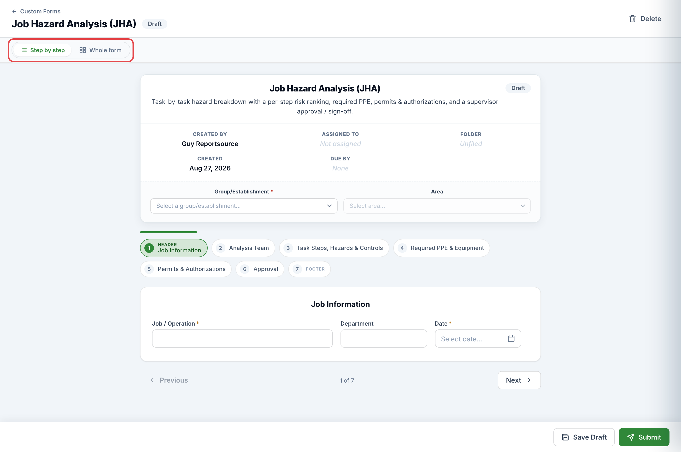 The fill page: header card, the Step by step / Whole form toggle (highlighted), and the first section of fields