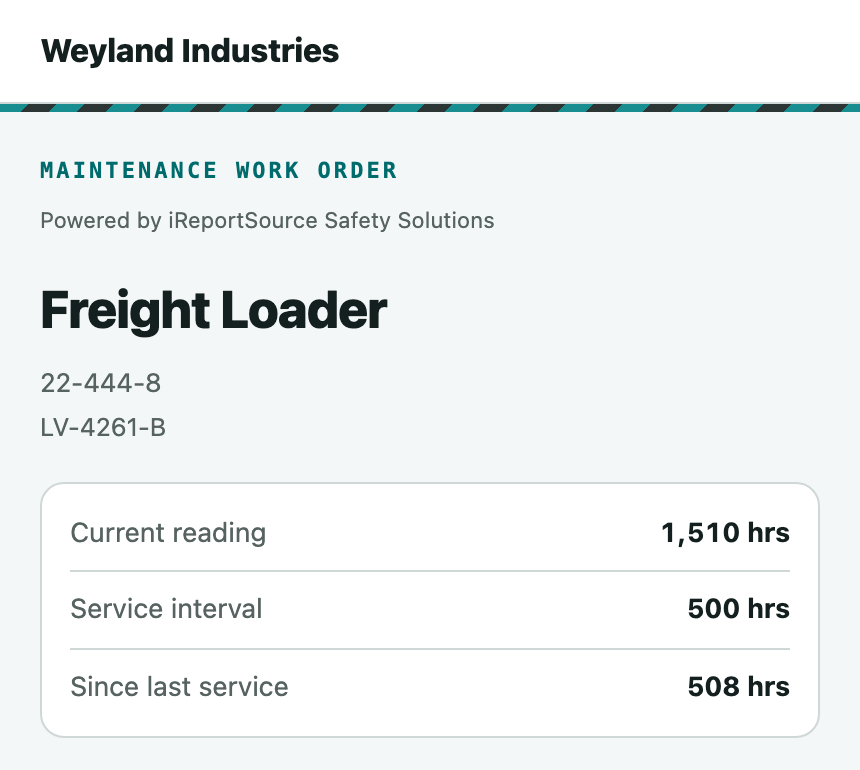 The provider portal header and summary card showing the equipment name and the Current reading / Service interval / Since last service rows
