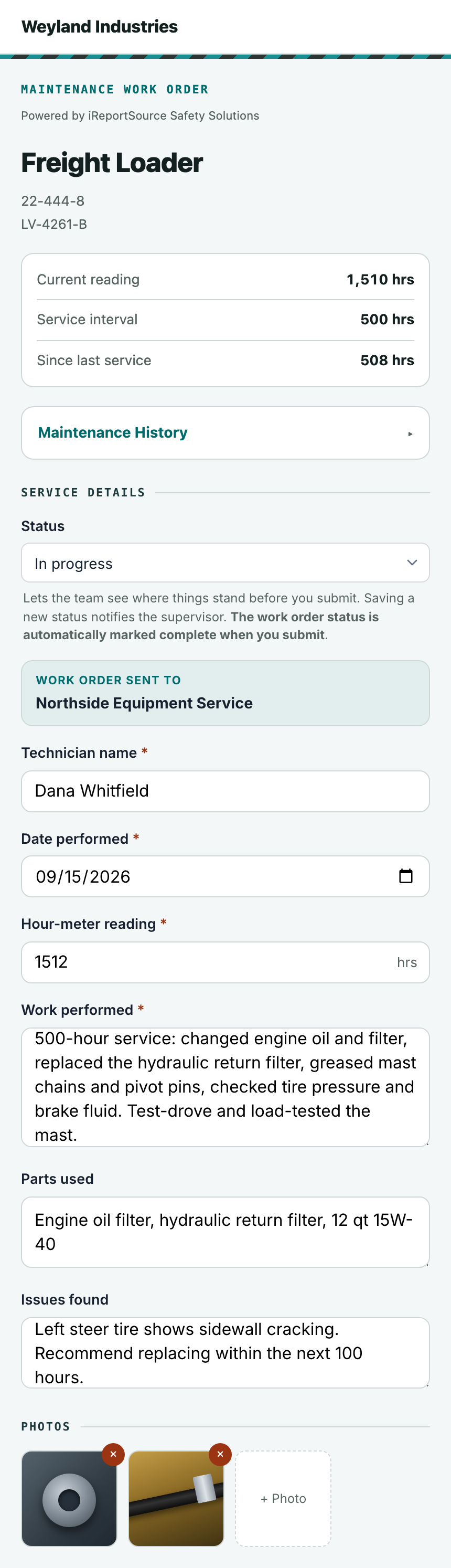 The Service details form filled in, with one or two photos attached