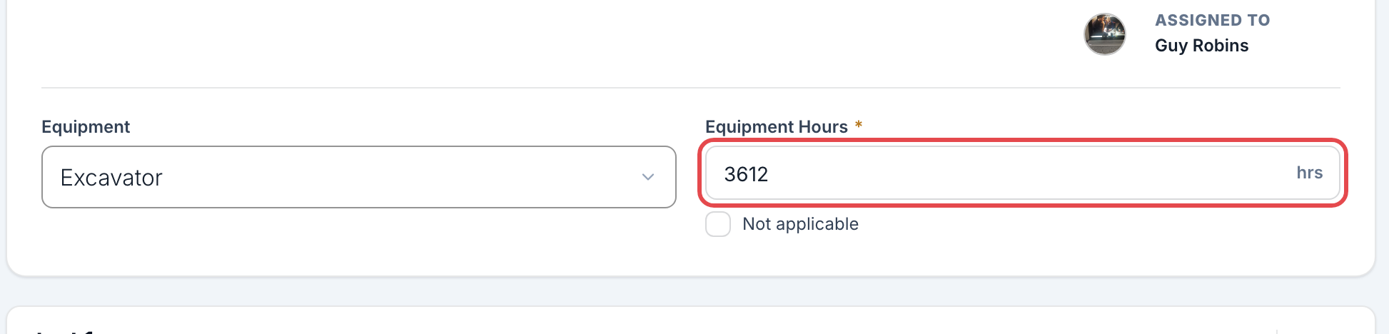 The audit perform screen showing the Equipment Hours field with the hrs unit and the Not applicable checkbox