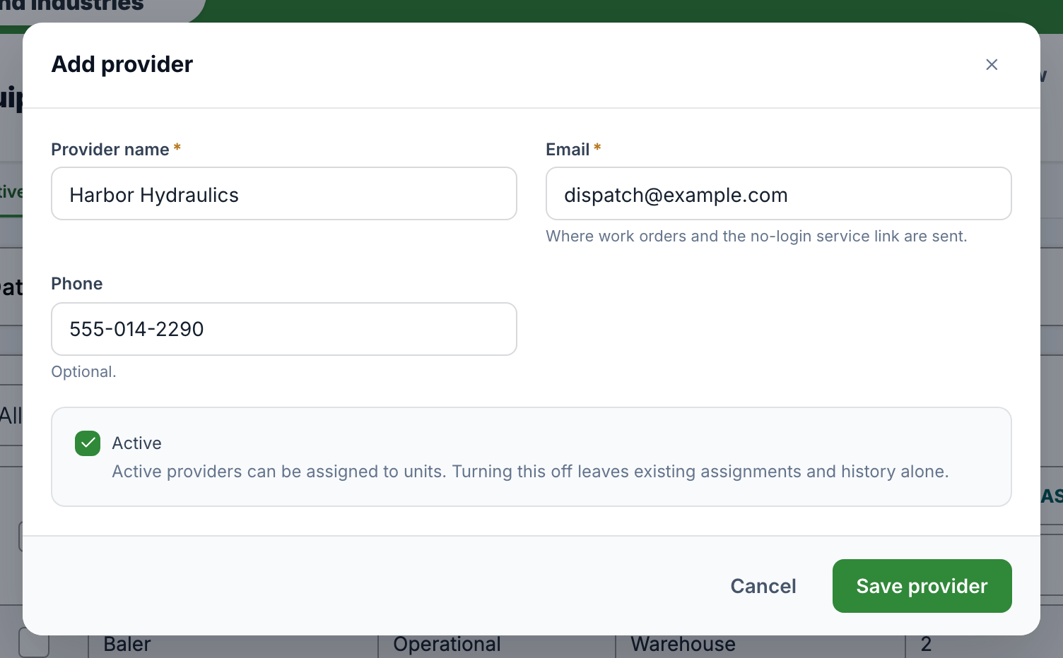 The Add provider form with name, email, phone and the Active checkbox