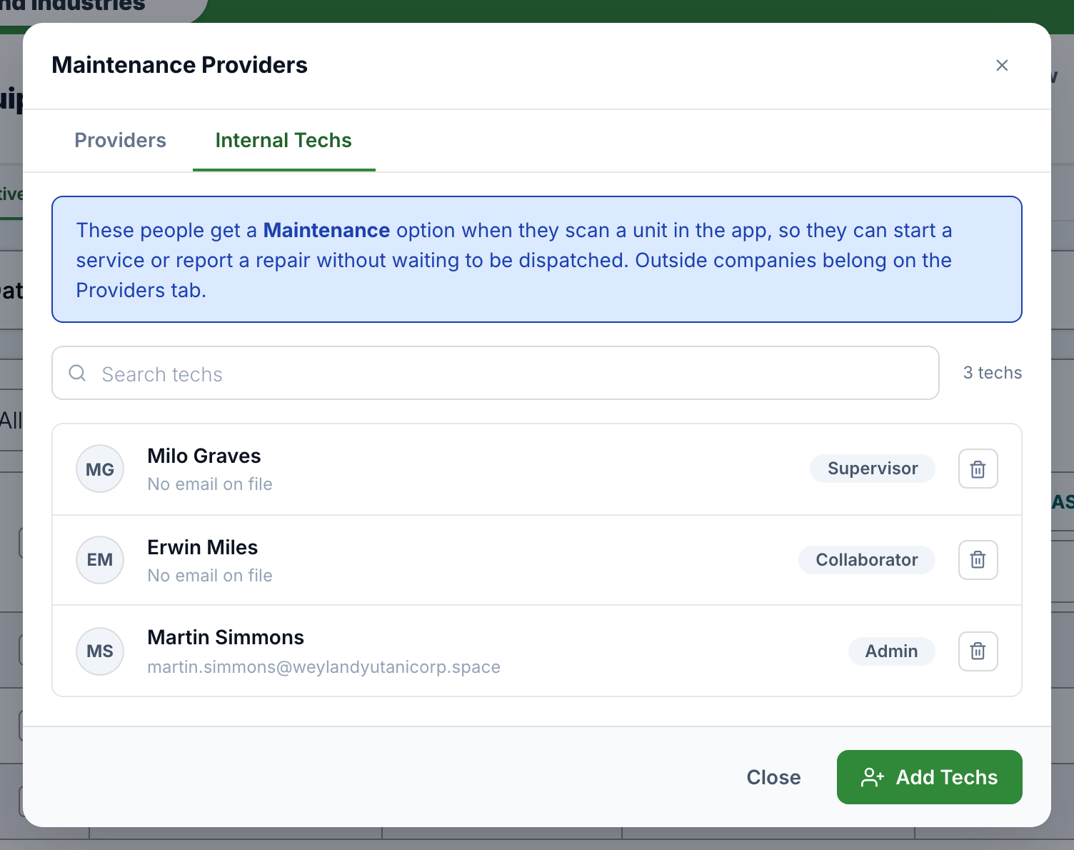 The Internal Techs tab with two or three techs listed, each showing their access level