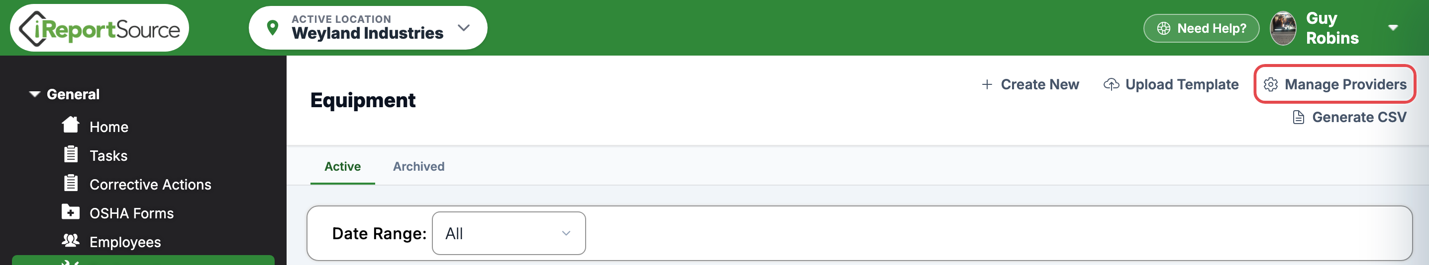 The Equipment list page header with the Manage Providers action visible