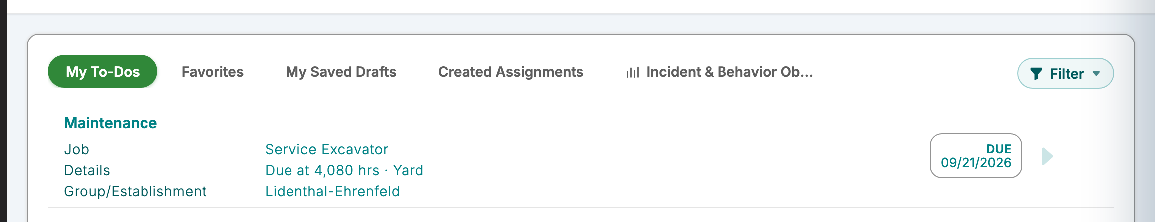 The My To-Dos card on the web dashboard showing a Maintenance row with its Job and Details lines