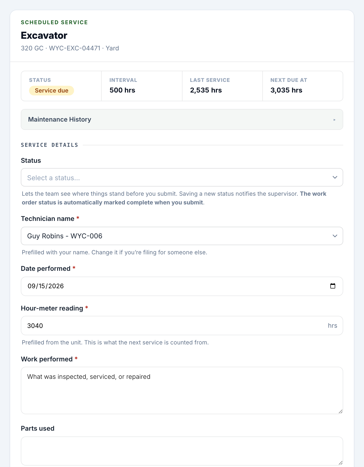 The authenticated write-up page on web, showing the service-state strip, the collapsed Maintenance History and the form below