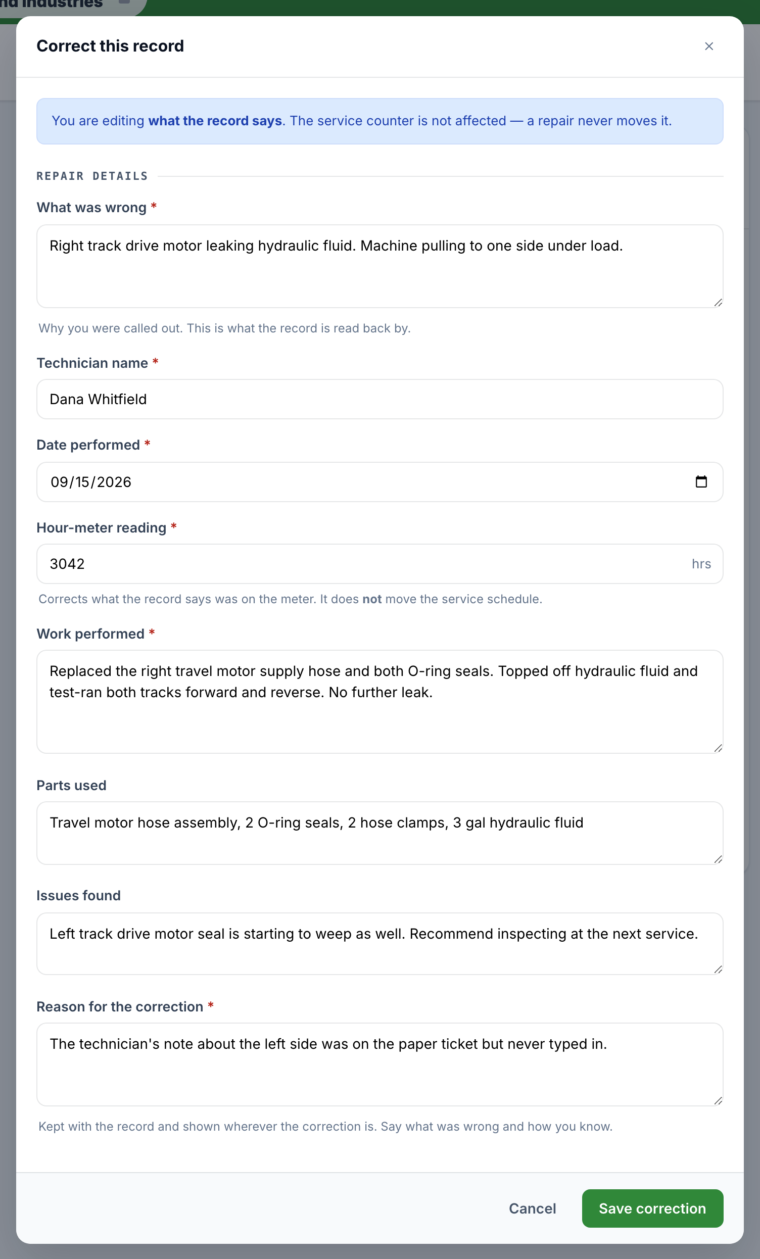 The "Correct this record" dialog showing its banner about the anchor, the fields, and the required Reason field