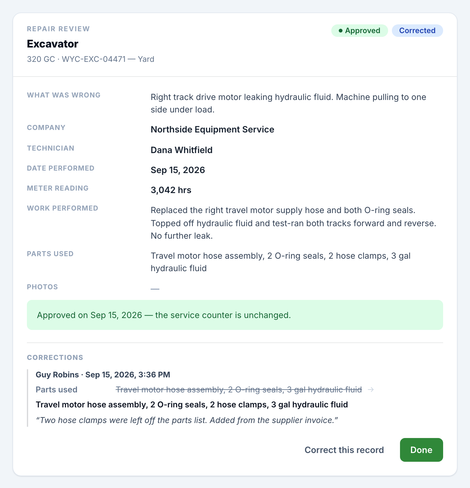 An approved record showing the Corrected badge and the Corrections log with one entry