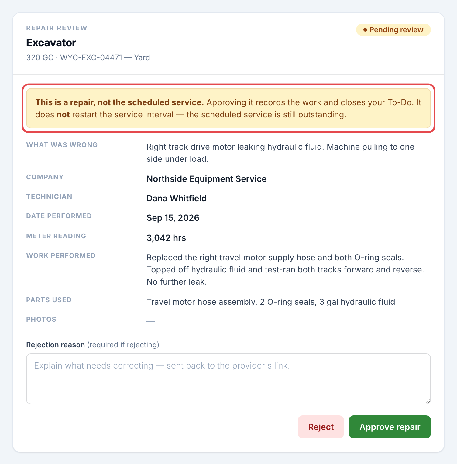 The review page for a repair, showing the "Repair review" eyebrow and the note about the interval not restarting