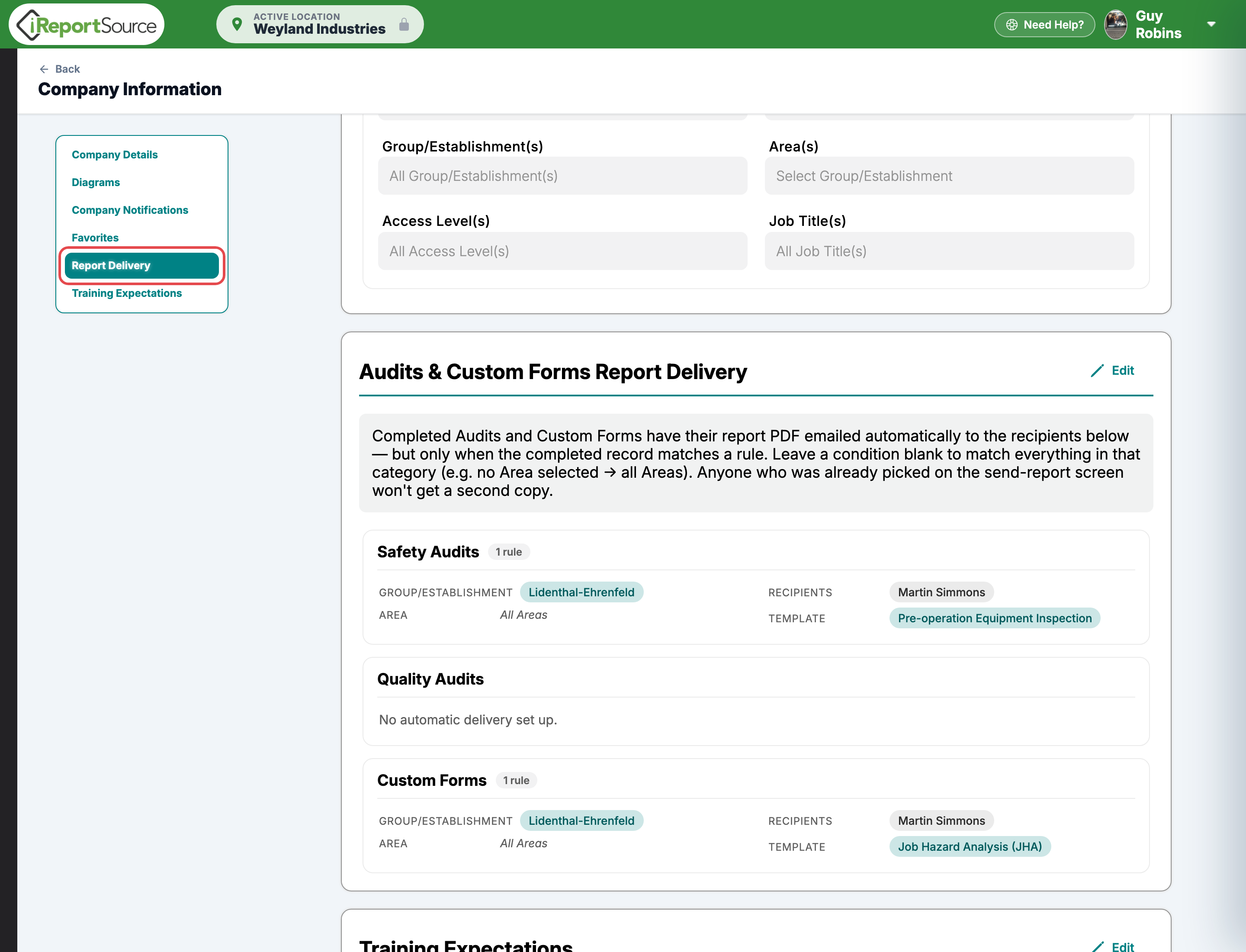 Company Division page with the Report Delivery jump link highlighted and the Audits & Custom Forms Report Delivery card in read-only view
