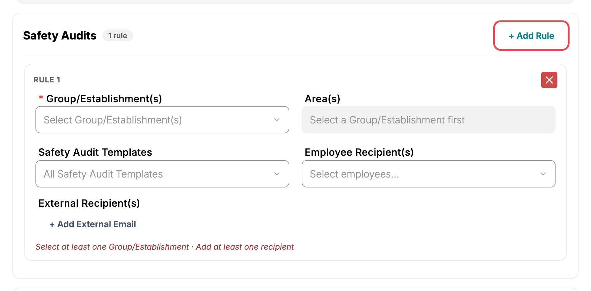 Safety Audits bucket in edit mode with an empty Rule 1 and the + Add Rule button highlighted