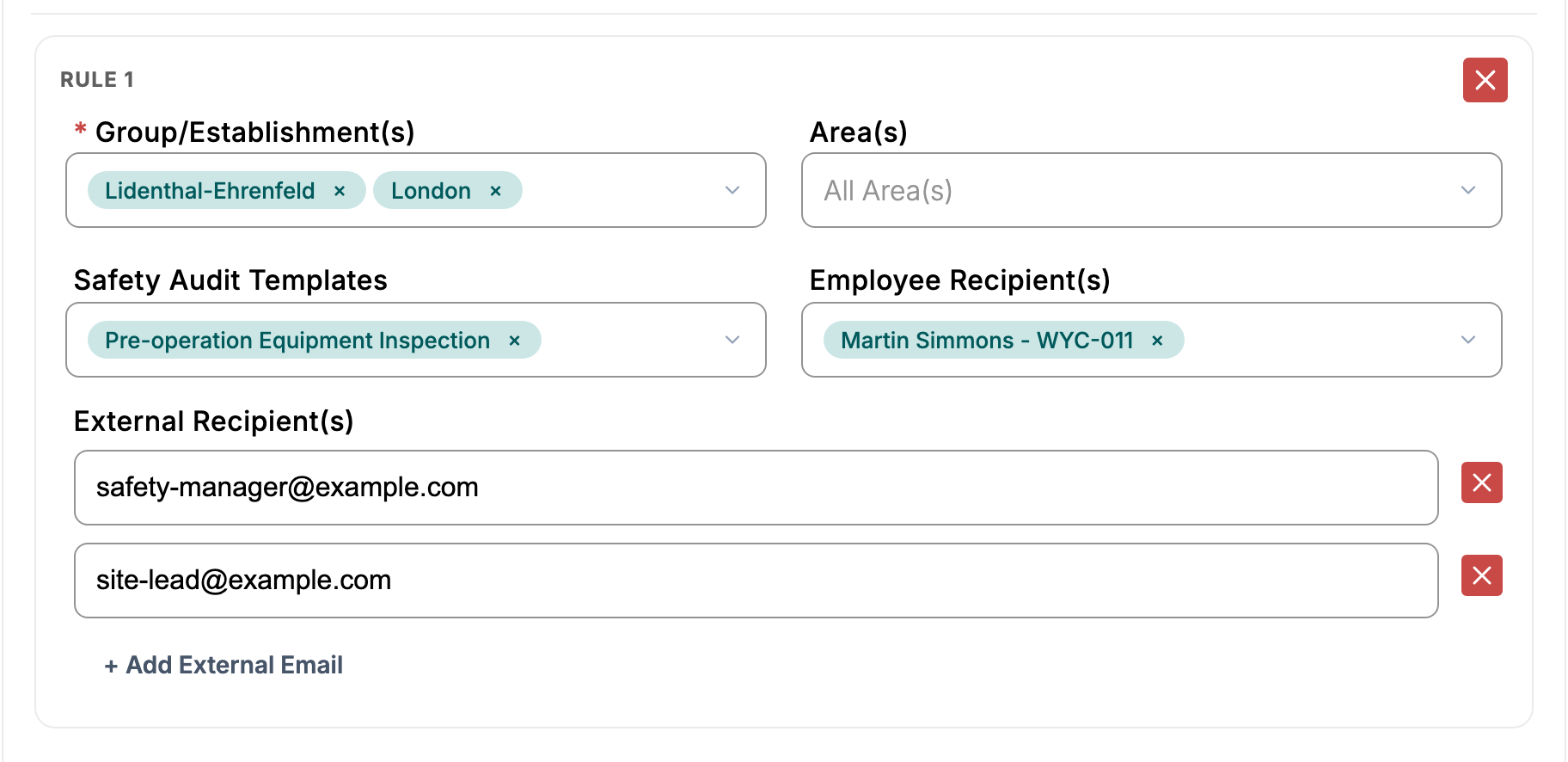 A rule with two Group/Establishments, one template, one employee recipient and two external email rows